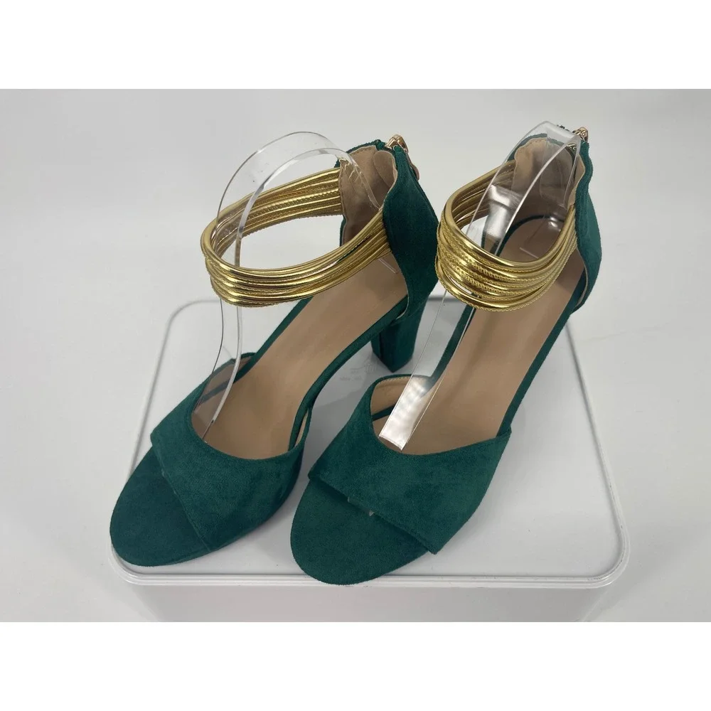 Green Faux Suede Platform Sandals Gold Ankle Cuff Block Heel Women Size 40 9